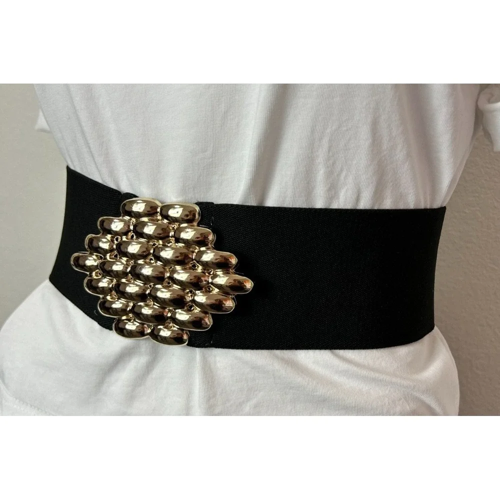 Vintage 80s Black Wide Elastic Waist Belt L Retro Glam Gold Basketweave Buckle